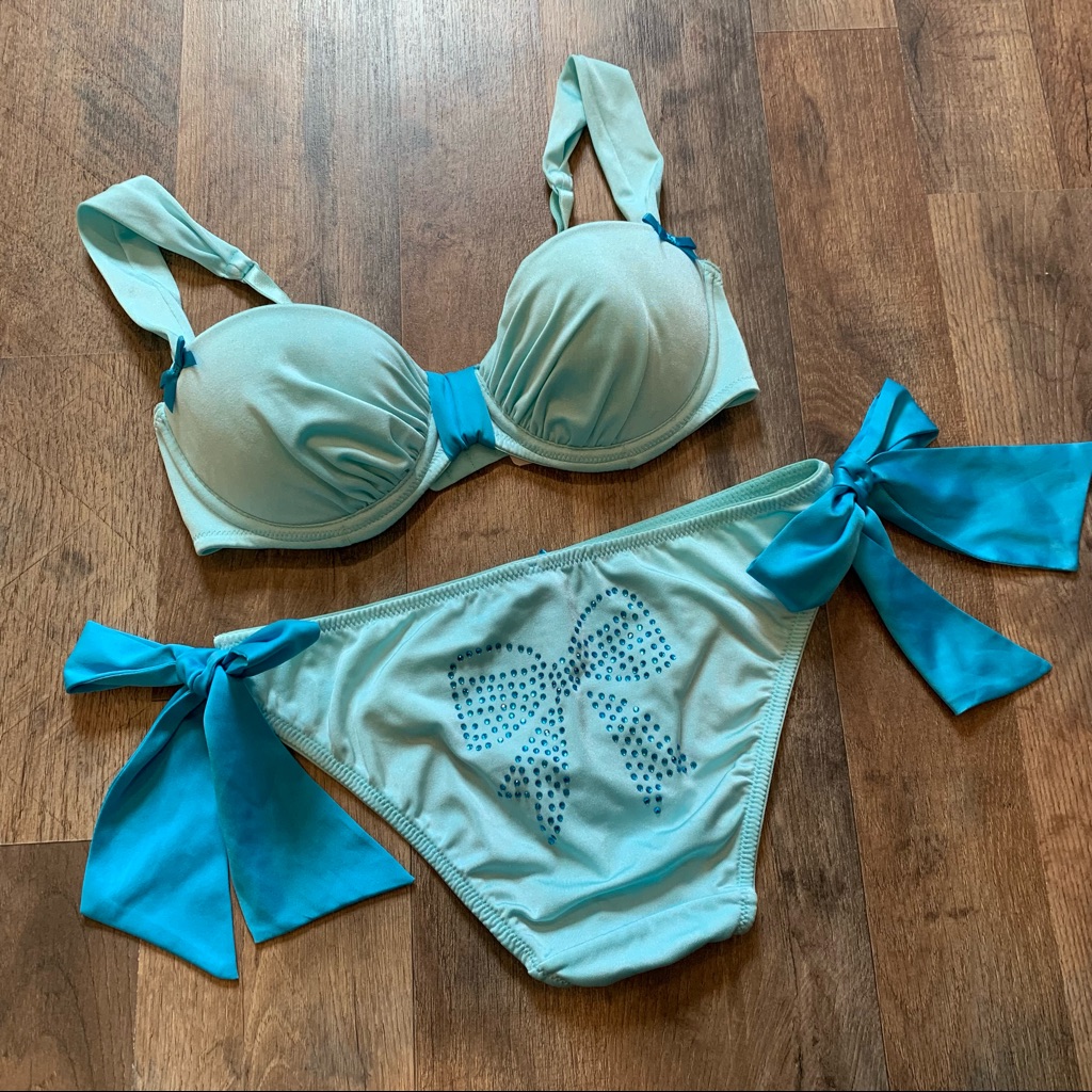 Vs Vintage Sexy Little Things Blue Bride Rhinestone Bow Bra & Panty Set